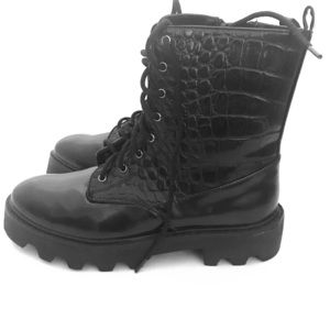 Zara Trafaluc black patent leather lace-up boots.